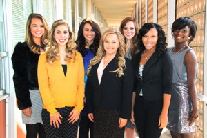 From left to right, competing for Miss Hinds 2014 at 7 p.m. Thursday, Jan. 16, are students Moriah Boone of Pearl, Rankin Campus; Anna Taggart of Raymond, Raymond Campus; Jade Dalton of Flora, Raymond Campus; Jessica Rinehart of Utica, Raymond Campus; Kaylee Scroggins of Brandon, Raymond Campus; Tiaunna Smith of Jackson, Raymond Campus; and Porsha Gatson of Vicksburg, Raymond Campus. 