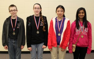 Individual winners in seventh grade include, from left, first place, Clark Hensley, Clinton Junior High; second place, Becca Irwin, Clinton Junior High; third place, Victoria Gong, St. Aloysius, Vicksburg; fourth place, Shivani Patel, Northwest Rankin.