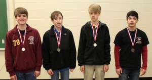 Individual winners in eighth grade include, from left, first place, Tanner DeYoung, Clinton Junior High; second place, Jay Lemon, Northwest Rankin Middle School; third place, Brent Styles, Warren Central Junior High; fourth place, Michael Franks, Clinton Junior High.