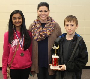 Seventh grade bronze winners are, from left, Shivoni Patel, adviser Marisa Farr, Kaelon McNeece, Northwest Rankin Middle School.
