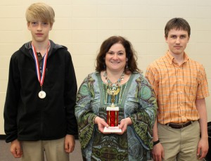 Eighth grade bronze winners are, from left, Brent Styles, adviser Valerie Gatewood, Andrew Hood, Warren Central Junior High.