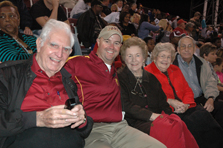 Earl Derrington, left, Matthew Pickering, band director at Jones County Junior College; Pauline Derrington, and Faye and Jack Porch visited at the Hinds/JCJC football game in October. Earl "Bulldog" Derrington attended Hinds Junior College in 1947 as a young World War II veteran. The Porches are the aunt and uncle of Hinds employees Jim and Lesia Porch.
