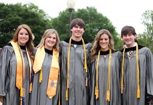 Graduating with an Associate Degree in Nursing on May 14 at Hinds Community College are, from left, Lindsey Thompson, Caitlyn Voyles, Fraser Adams, Memory McPherson and Todd Pitts, all of Jackson.