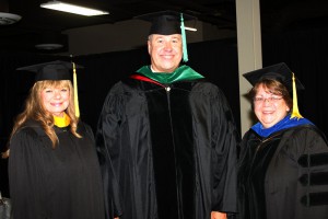 The speaker for the nursing and allied health graduation ceremony at Hinds Community College on July 30 was Dr. Bryan Lantrip. Flanking him are, left, Christie Bokros, assistant dean for allied health programs, and, right, Dr. Libby Mahaffey, dean for nursing and allied health programs.