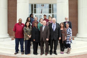 Fall 2015 Hinds Heroes and others, front row, from left, Andrew Thomas, Cynde Mott, Gwendolyn Strong, Dr. Lynn Weathersby, Hinds President Dr. Clyde Muse, Mary Lee McDaniel, Andi Winnett; second row, from left, Vanda Brumfield, Virginia Kitchens, Louise Flanagan, Jackie Waite, Gary Fox; back row, from left, Tamisha Armstrong, Clifford Irving.