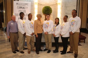 Hinds Community College Student VOICES were among the students at the Feb. 3 Capitol Day. From left are instructor Jeff Hughes, Daniel Powell of Jackson, Jonathan Sutton of Byram, Rep. Alyce Clarke of Jackson, Michael Pham of Byram, Chen Elizar of Florence, Lena Dixon of Raymond and Kenechukwa Okoye of Clinton.