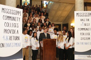 Lt. Gov. Tate Reeves speaking at the Feb. 3 Capitol Day news conference for community colleges.