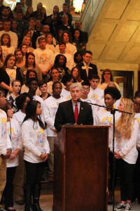 Gov. Phil Bryant is surrounded by community college students as he pitches a $50 million appropriation for workforce training at the annual community college Capitol Day on Feb. 3.