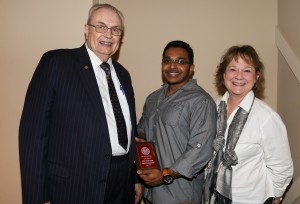 Prasanth Prasanna Saswathan, center, was among Hinds Community College students recognized with a departmental award April 15. Saswathan received an Outstanding Student Award in Physical Therapist Assistant, presented by Hinds President Dr. Clyde Muse, left, and instructor Pam Chapman, right.