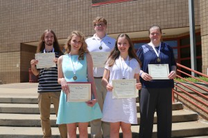 Winners in the essay category at the 2016 Rankin Campus Literary Festival are, front row from left, Alexandria Carr, of Park Place Christian Academy, first place, Kathryn Long, Hartfield Academy, honorable mention; back row, from left, Zachary Tyler Harper, Pelahatchie Attendance Center, honorable mention, James Mitchell Flickner, East Rankin Academy, third place, and Haley Beth Williams, Park Place Christian Academy, second place. Not pictured is Tia Patrick, of Northwest Rankin High School, honorable mention. (April Garon/Hinds Community College)
