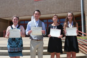 Winners in the poetry category at the 2016 Rankin Campus Literary Festival on April 8 were, from left, Molly Clair Saunders, of Park Place Christian Academy, second place; Dakota Conway, Richland High School, honorable mention; Jordan Olivia Watts, Northwest Rankin High School, first place; and Alexandra Ownby, Northwest Rankin High School, honorable mention. Not pictured is Mari Kathryn Cook, of Pearl High School, third place. (April Garon/Hinds Community College)