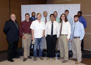 Among those recognized were recipients: (bottom row, pictured from left) Bryan Boyd, of Edwards, Tristan Caldwell, of Brandon, Juan Lopez, of Vicksburg, Chet Hudson, of Morton, Jacob Cooley, of Hickory; (top row, from left) Arthur Thomas, of Jackson, Kyle Frazier, of Vicksburg, Austin Cox, of Brandon, Trevor McCurdy, of Morton and Dexter Quick, of Jackson.  All of these students received the CN Scholarship. With them is John Dinning, representing CN.  