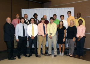Among those recognized were recipients: (bottom row, from left) Johnathan Smith, of Meridian, Hunter Richardson, of Terry, Tanner Berry, of Pearl, James Berry, of Florence, Shelby Balliet, of Raymond, Andora Carmona, of Clinton, Tra’Kala Robinson, of Rosedale; (top row, from left) Lantz Malone, of Edwards, Mark Mitchell, of Utica, Jeremy Sandifer, of Pinola, Todd Barnes, of Carthage, William Adcock, of Terry, Robert Yates, of Puckett, Noah Christy, of Byram, and Kenneth Anderson, of Jackson, who received the CN Scholarship. With them is John Dinning, representing CN. 