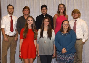 Among those recognized were recipients:  (bottom row, from left) Emily Childs, of Jackson, Kirsten Fisher, of Utica, Cassie Hardacre, of Goodman; (top row, from left) Edwin Harrell, of Madison, Donnie Haley, of Raymond, Caleb Pitre, of Jackson, Kali Martin, of Terry, and William Tyler, of Yazoo City.  All of these students received the Dr. Nell Ann Pickett Scholarship. 
