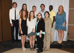 Among those recognized were recipients: (bottom row, from left) Brennon McDowell, of Brandon, Alexis Bailey, of Pearl, Emily Kraemer, of Clinton; (top row, from left) Evan Ratcliff, of Brandon, Annabeth Bowman, of Pelahatchie, Daygon Williams, of Brandon, Jackson Mitchell, of Brandon, Calvin Dobson, of Brandon, and Holley Moore, of Selmer, Tenn.  All of these students received the Ed, Mattie & Douglas Woolley Scholarship. With them is Linda Woolley, bottom row, right.