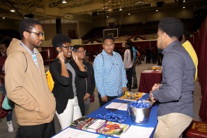 High school students visited Hinds Community College’s Utica Campus on Feb. 24 for the annual recruiting day. Among them were, from left, Hazlehurst High School seniors Frederick Jackson, Qualyne Fuller, Taylor Miller and Riczarius Bure, who spoke to STEM instructors Jonathan Townes of Greenwood and Justin Washington of Utica about their program. Bure would like to one-day work in a science field.