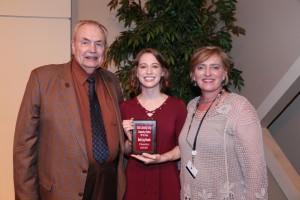 Ruth Brooks, center, of Brandon, was among Hinds Community College students recognized with a departmental award April 21. Brooks received an Outstanding Student Award for Chemistry, presented by Hinds President Dr. Clyde Muse, left, and History instructor Joy Rhoads, right. (Hinds Community College/April Garon)