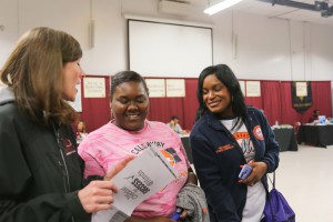 Areille Jones, center, a senior at Callaway High School, and Latasha Ramsey, the school's guidance counselor, talks with Kathryn Cole, district director of Enrollment Services at Hinds Community College, during College Carnival April 7 at the Jackson Campus-Academic/Technical Center. (Hinds Community College/April Garon)
