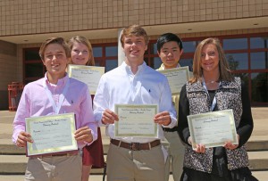 All essay winners include, front from left, first place, Josh Murphy of Brandon, Hartfield Academy; second place, Seth Griffing of Brandon, Hartfield Academy; third place, Kameron Wilson, Pisgah High School; back, honorable mentions, Kimberly Mills, Brandon High School and Henry Nhan of Flowood, Hartfield Academy.