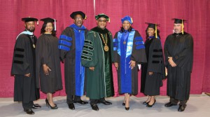 Dr. Debra Mays-Jackson with her executive council and keynote speaker at the 2017 Spring Graduation at Hinds Community College-Utica. From left are Dr. Mitchell Shears, Kenisha Shelton, Dr. Timothy Rush Sr., Dr. William B. Bynum Jr., Dr. Marquise Loving and Larry Edwards.