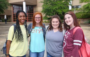 Friends Aijah Dixon, Allie Burke, Mikayla Hill and Megan Keyes, reunited before going to classes on the first day of the fall semester at the Rankin Campus of Hinds Community College. The freshmen and Keyes, a sophomore, are all of Brandon. Dixon and Burke are General Studies students; Hill plans to major in elementary education and Keyes is studying nursing.  (April Garon/Hinds Community College).