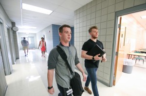 Colby Barrett, of Flowood, and Ryan Mackrel, of Grenada, walk to class on the first day of the fall semester. Barrett is studying computer networking and Mackrel is studying radiology. (April Garon/Hinds Community College).