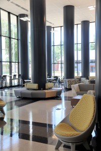 The newly remodeled Student Union on the Utica Campus of HCC. This lounge area has room for 100 students to gather and socialize between classes.