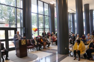 Hinds President Dr. Clyde Muse addresses the crowd at the newly renovated J. Louis Stokes Student Center at the Utica Campus of Hinds Community College. (April Garon/Hinds Community College)
