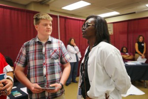 Timothy Wilson, left, of Pearl, chats with Practical Nursing Instructor Patricia Collins at the fall 2017 Nursing Showcase on Sept. 5 at Hinds Community College Jackson Campus-Nursing/Allied Health Center. (Hinds Community College/April Garon)